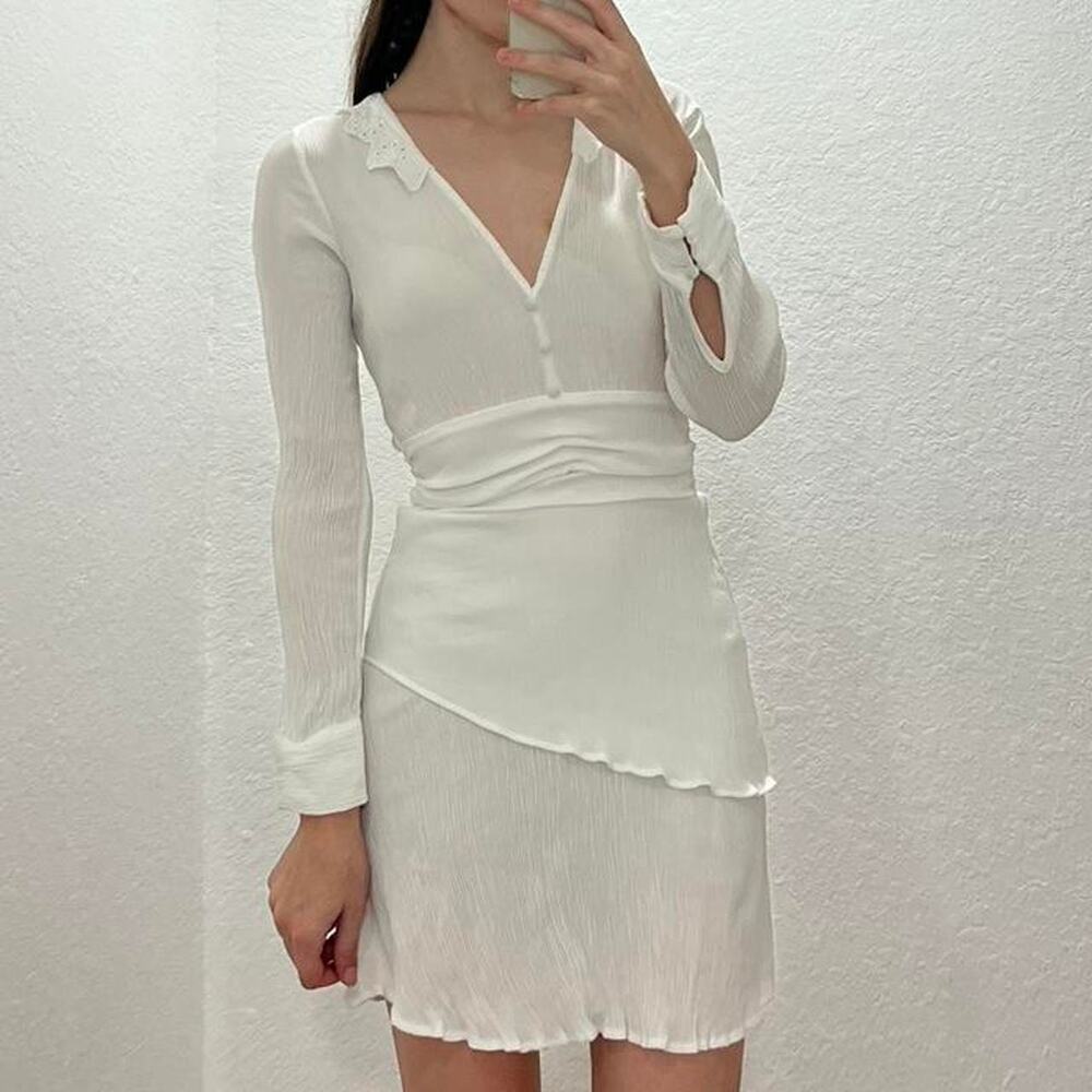 Zara white guaze layered midi dress v neck long sleeve formal classy sz XL EUC